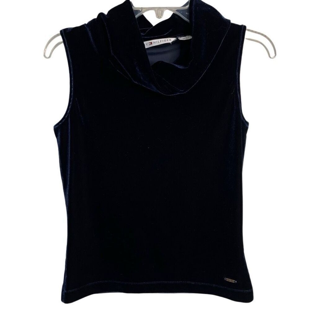 Tommy Hilfiger Womens Sleeveless Cowlneck Tank M Navy Velvet Stretchy Old Money